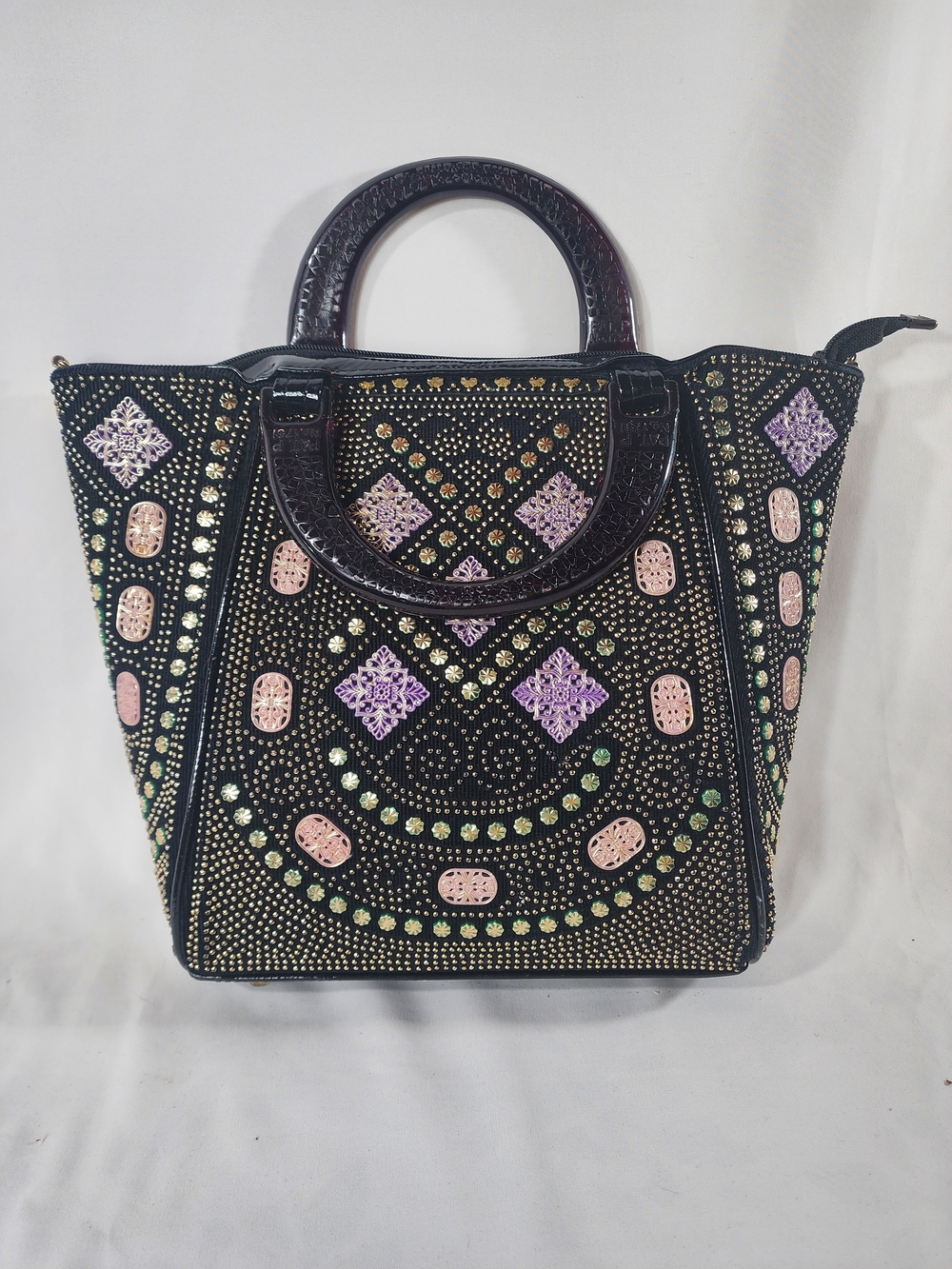 Black Embellished Tote Bag with Pastel Accents
